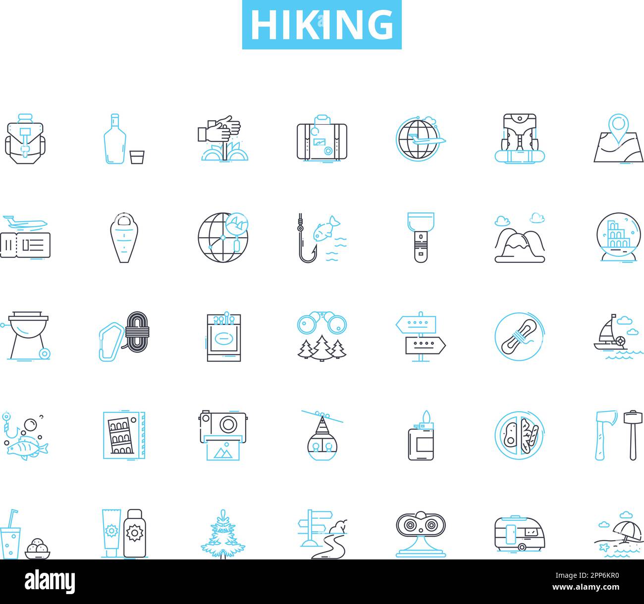 Hiking linear icons set. Trail, Summit, Scramble, Backpack, Trek, Waterfall, Breath-taking line vector and concept signs. Adventure,Explore,Wilderness Stock Vector