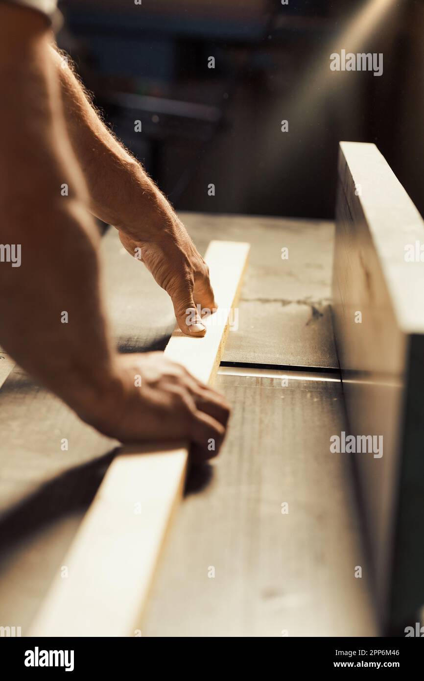 The strong and muscular hand and forearm of a carpenter holding a metal tool, using it to aid in the construction of a piece of furniture that will be Stock Photo