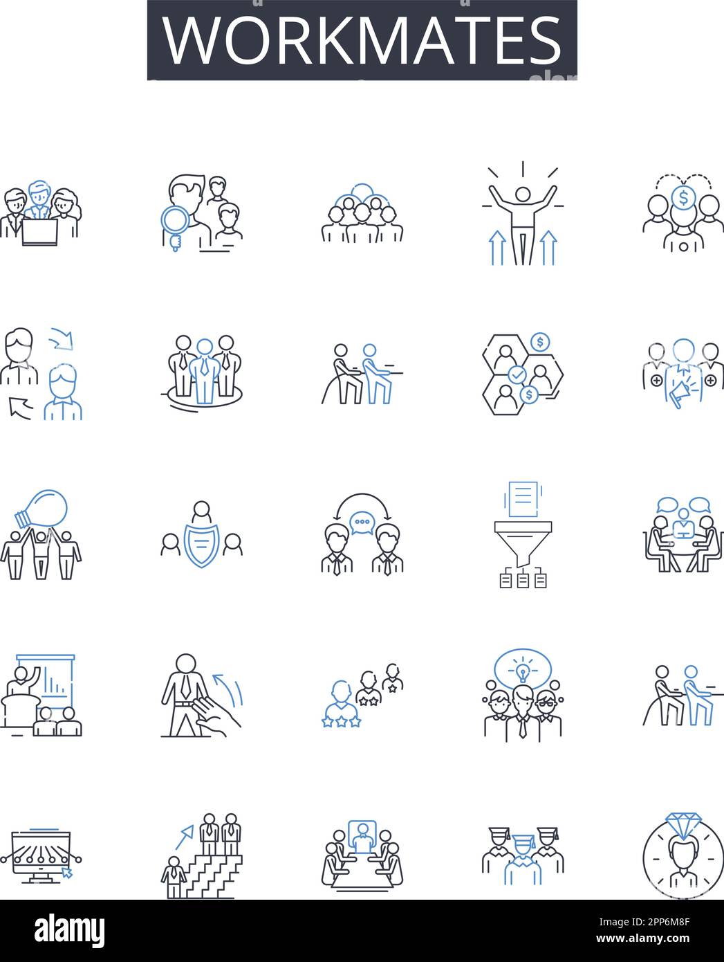 Workmates line icons collection. Colleagues, Comrades, Peers, Partners, Cohorts, Associates, Allies vector and linear illustration. Teammates,Co Stock Vector