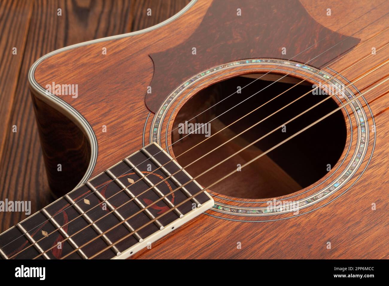 acoustic guitar sound hole closeup Stock Photo