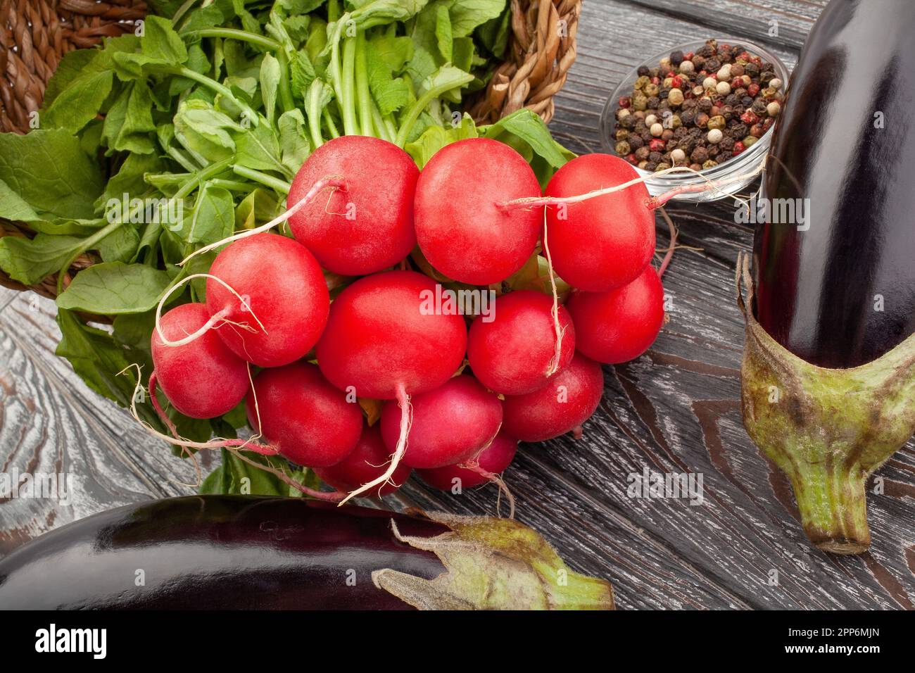 radish bunch on wood background Stock Photo