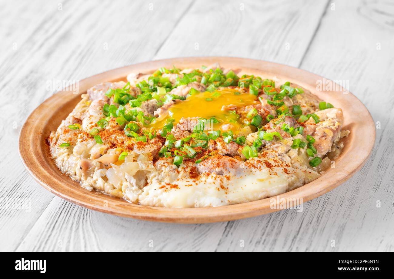 Oyakodon Japanese bowl dish with chicken, onion, egg and sliced