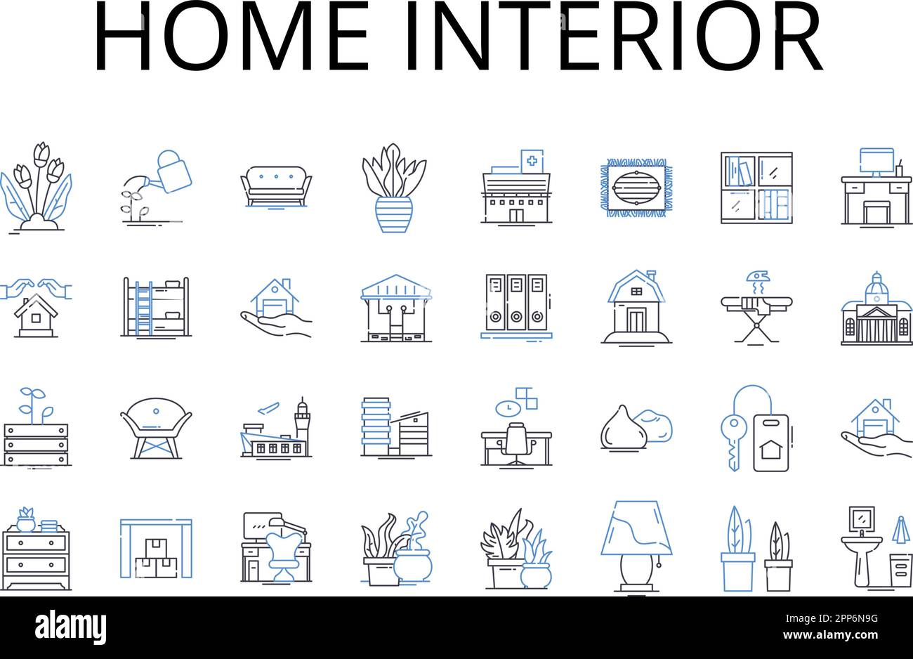 Home interior line icons collection. Office space, Kitchen design, Living room, Bedroom decor, Exterior design, Bathroom remodel, Garden design vector Stock Vector