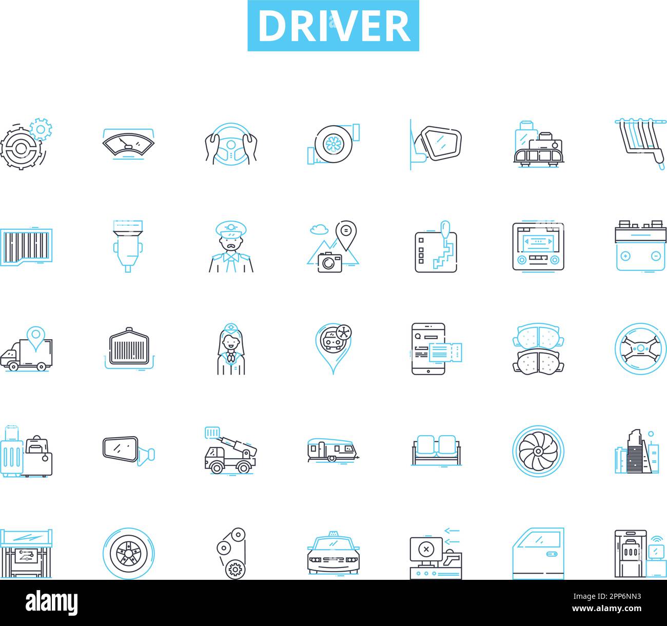 Driver linear icons set. Pedal, Steering, License, Gearbox, Vehicle, Accelerate, Brake line vector and concept signs. Road,Highway,Traffic outline Stock Vector