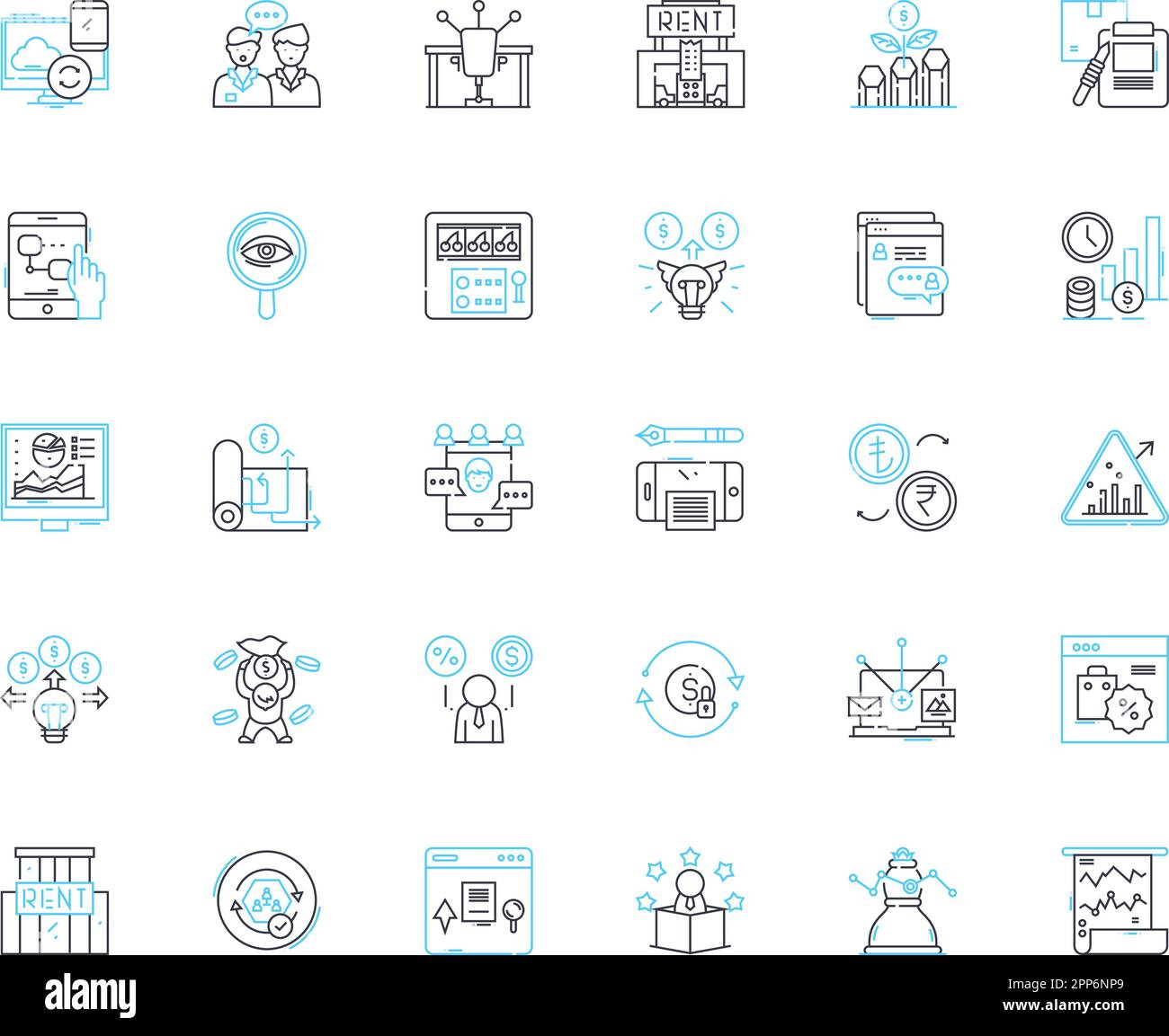 Economic understanding and awareness linear icons set. Budgeting, Inflation, Financial literacy, Entrepreneurship, Investment, Taxation, Debts line Stock Vector