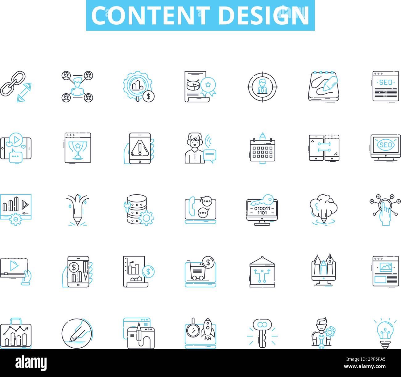 Content design linear icons set. Strategy, Branding, Messaging, Formatting, Storytelling, Visuals, T line vector and concept signs. Structure Stock Vector