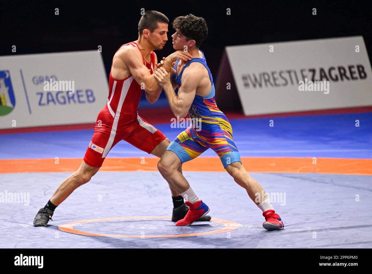 Zagreb, Croatia. 22nd Apr, 2023. ZAGREB, CROATIA - APRIL 22: Stefan Hristov Grigorov of Bulgaria (red) competes against Denis Florin Mihai of Romania (blue) during Mens's Greco-Roman 55 kg weight Senior European Wrestling Championship bronze medal match on April 22, 2023, at Arena Zagreb in Zagreb, Croatia. Photo: Igor Soban/PIXSELL Credit: Pixsell/Alamy Live News Stock Photo