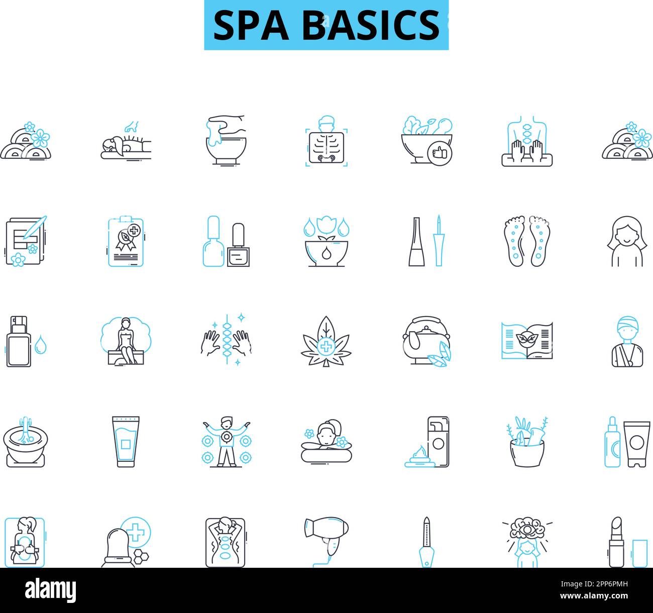 Spa basics linear icons set. Relaxation, Pampering, Massage, Soothing, Aromatherapy, Meditation, Skincare line vector and concept signs. Rejuvenation Stock Vector