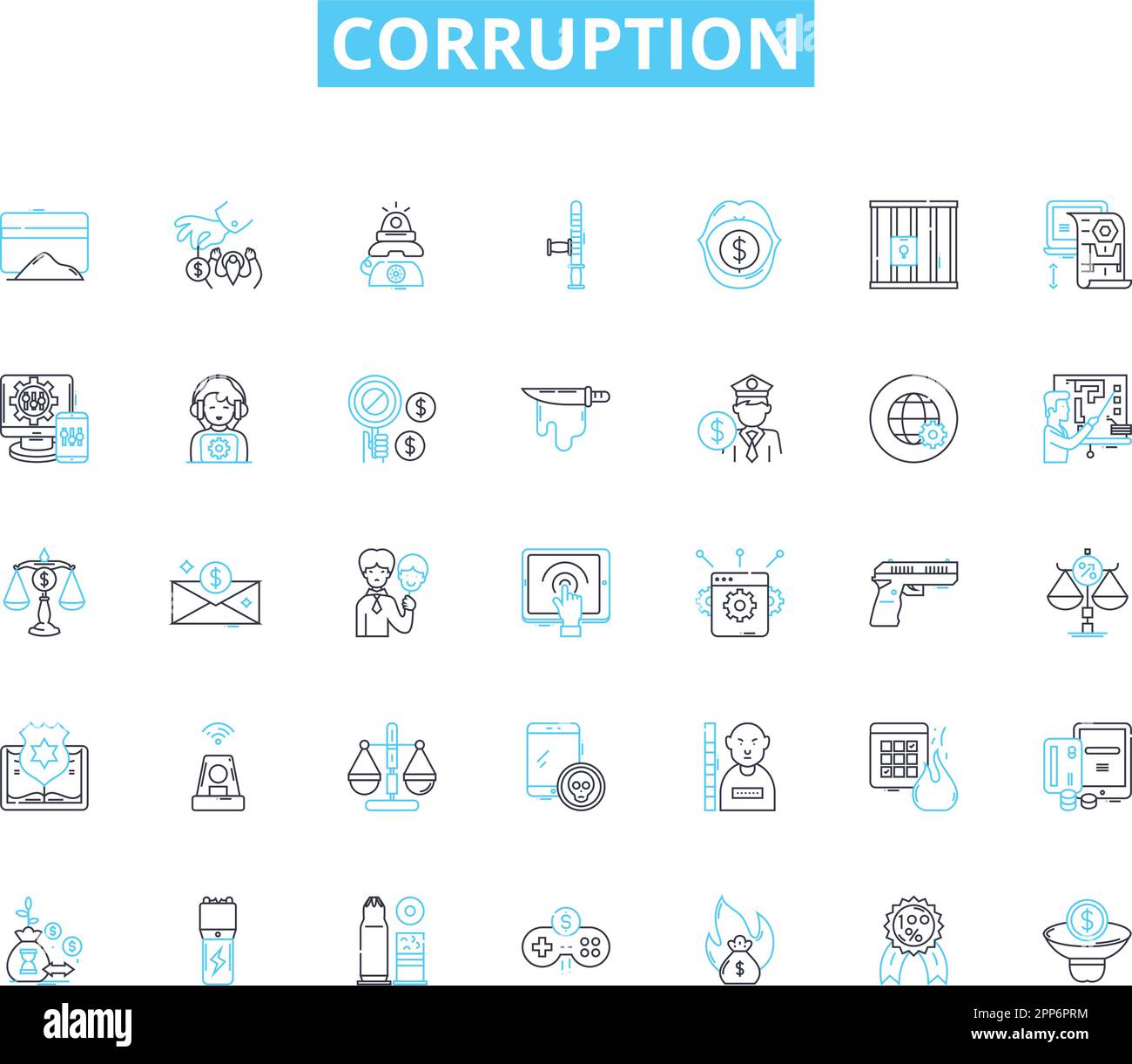 Corruption linear icons set. Bribery, Extortion, Nepotism, Embezzlement, Fraud, Graft, Kickbacks line vector and concept signs. My laundering Stock Vector