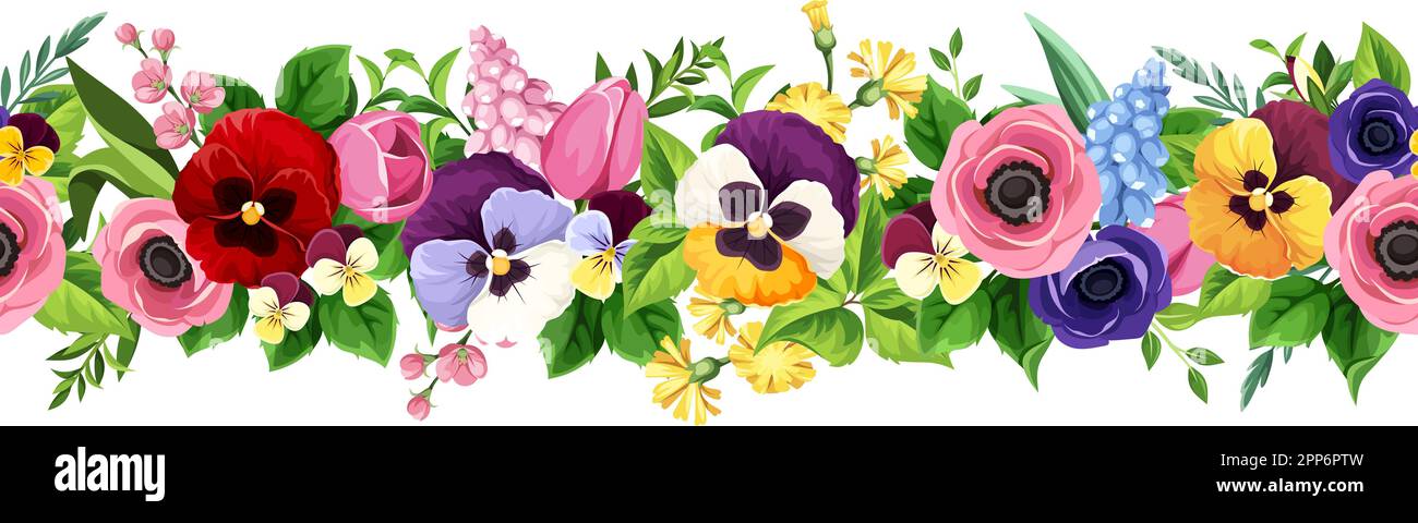 Horizontal seamless border with colorful flowers (tulip, pansy, anemone ...