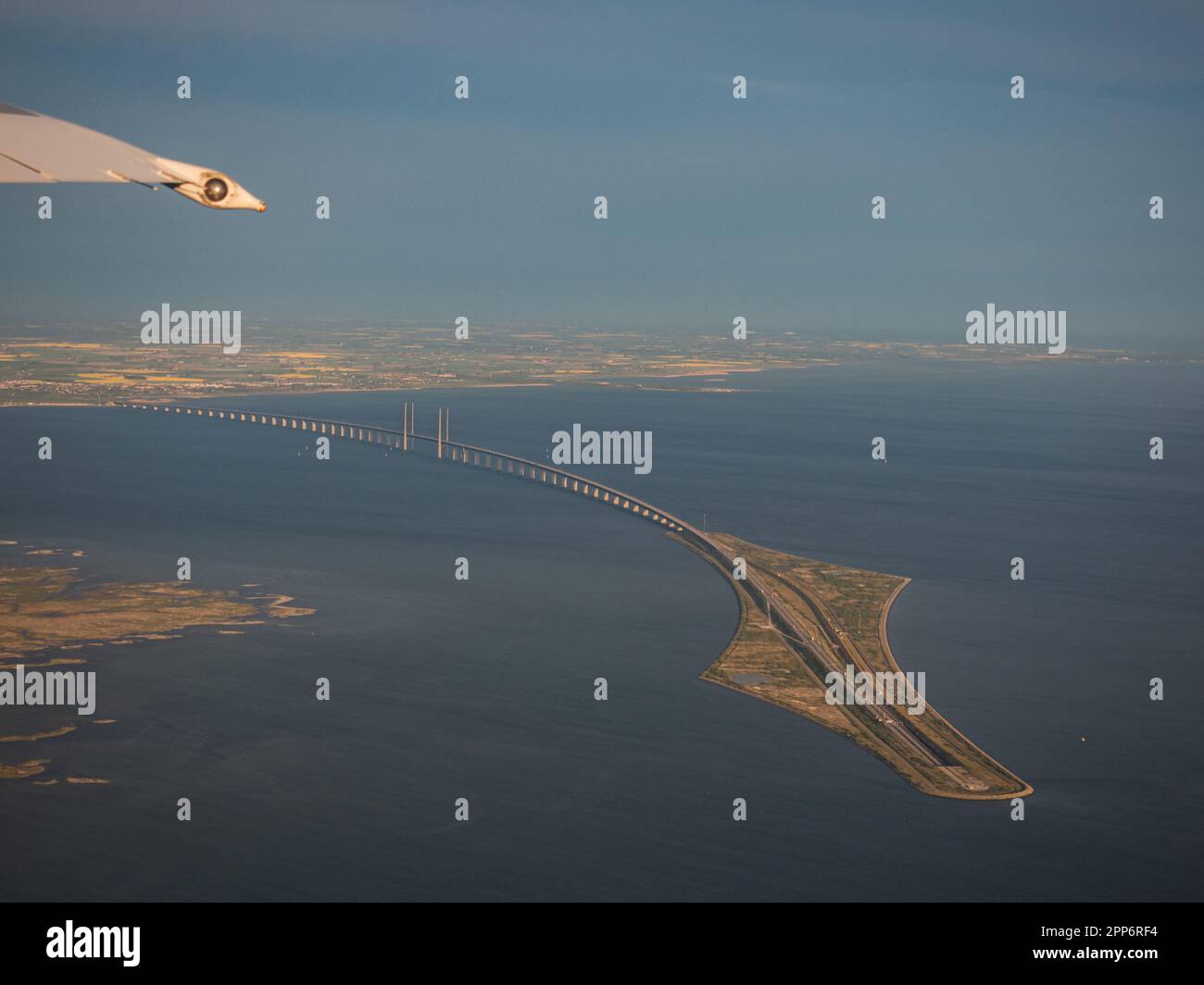 Copenhagen, Denmark - May, 2019: View from the airplane for the bridge and tunnel connecting Sweden and denmark. Oresund, Europe. Stock Photo