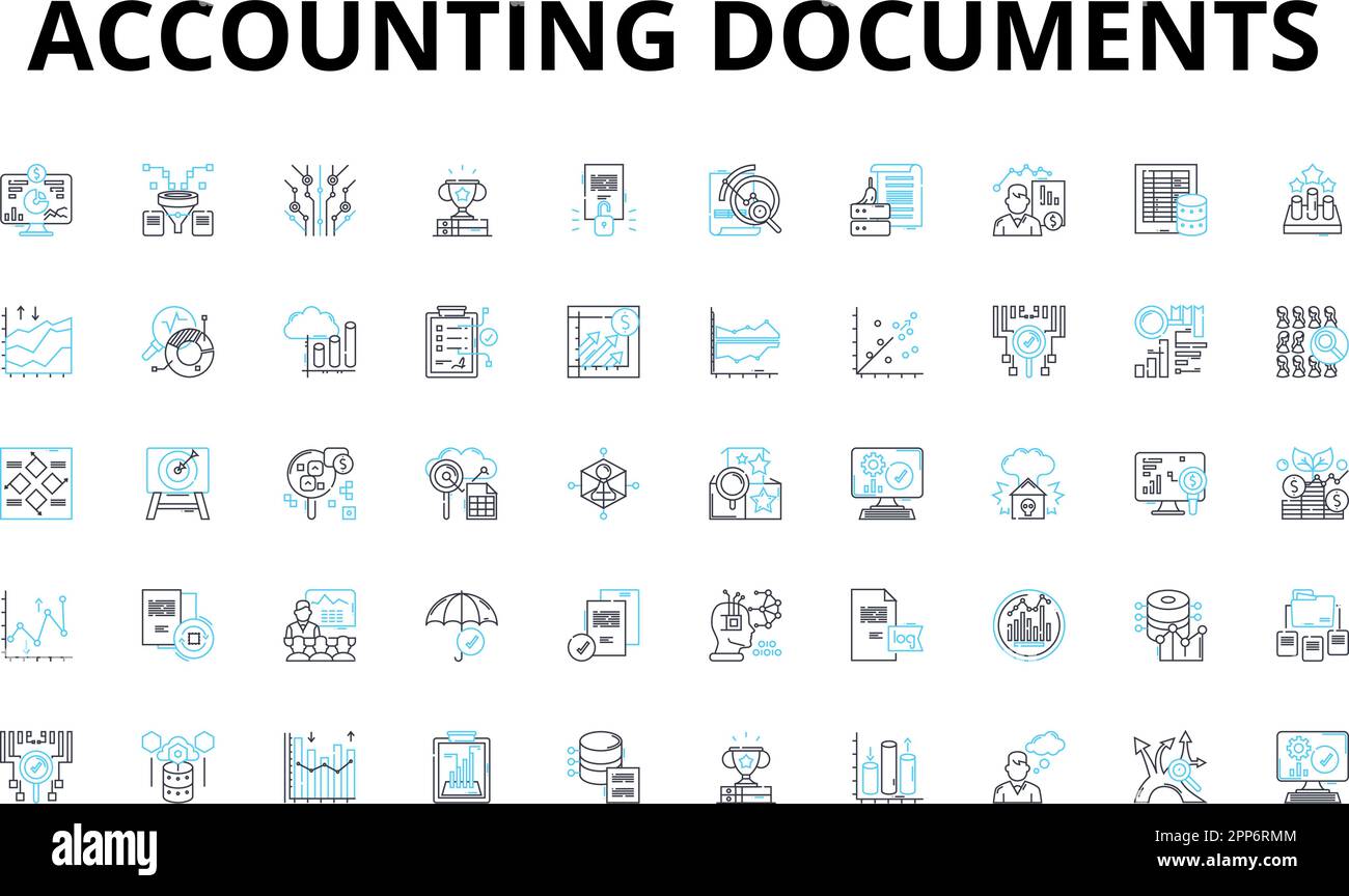 Accounting documents linear icons set. Ledger, Journal, Balance sheet, Income statement, Cash flow statement, Tax return, Invoice vector symbols and Stock Vector