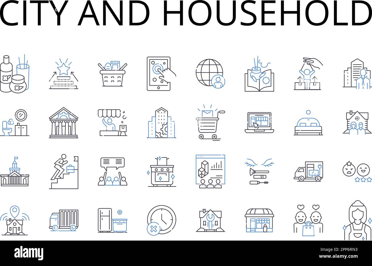 City and household line icons collection. ity, Metropolis, Urban center, Megalopolis, Municipality, Capital, Town vector and linear illustration Stock Vector