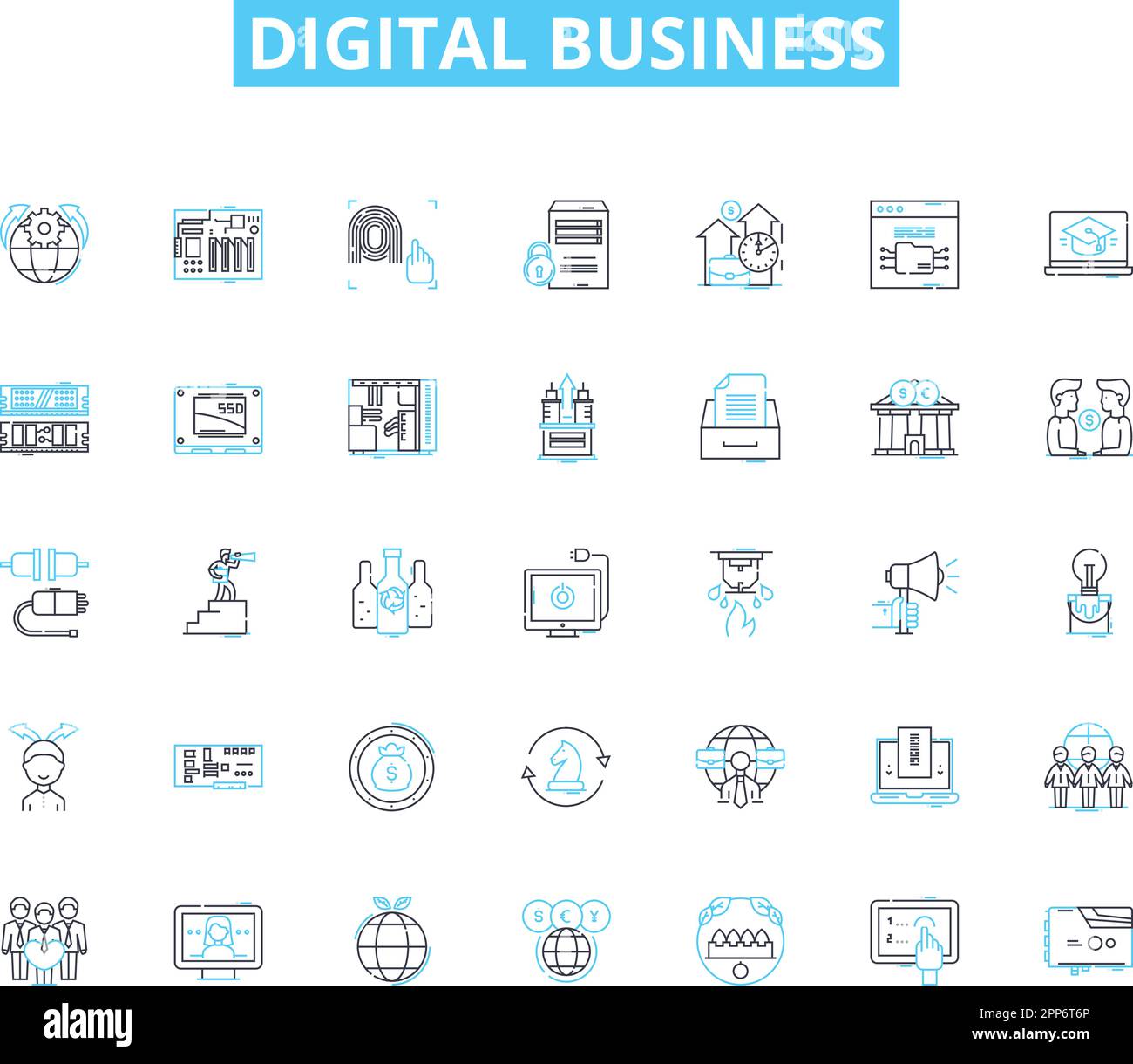 Digital business linear icons set. E-commerce, Innovation, Online, Marketing, Analytics, Cybersecurity, Platform line vector and concept signs. Social Stock Vector