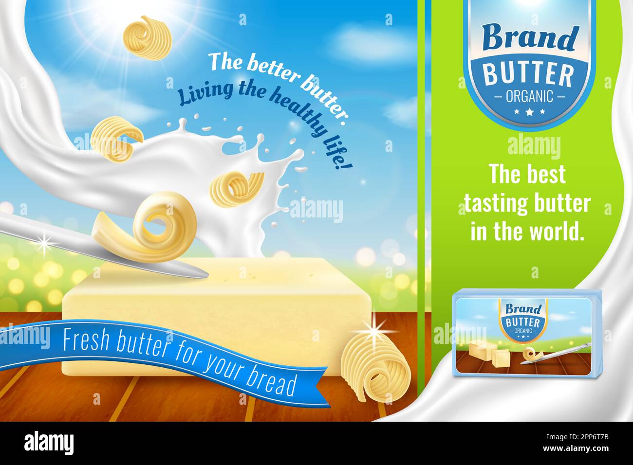 Milk butter ad. Realistic food advertising banner. Spread margarine on