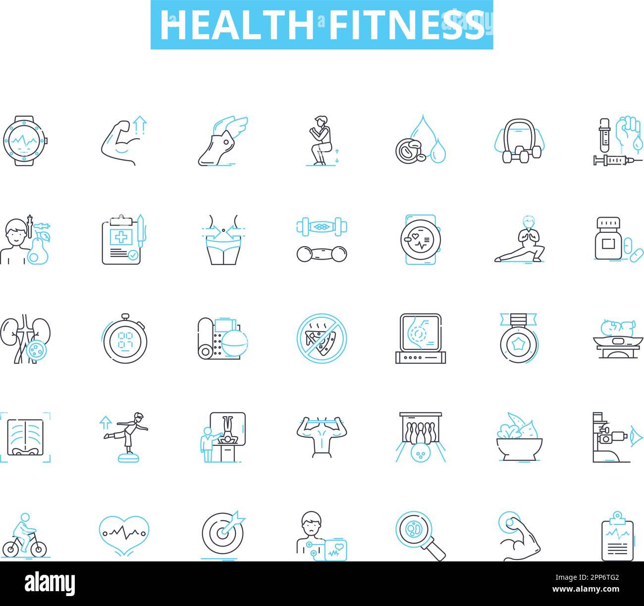 Health fitness linear icons set. Strength, Endurance, Flexibility, Agility, Wellness