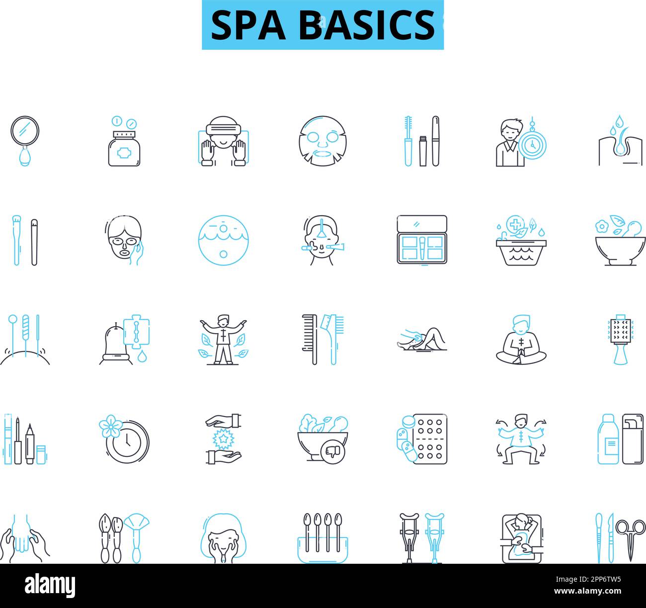 Spa basics linear icons set. Relaxation, Pampering, Massage, Soothing, Aromatherapy, Meditation, Skincare line vector and concept signs. Rejuvenation Stock Vector
