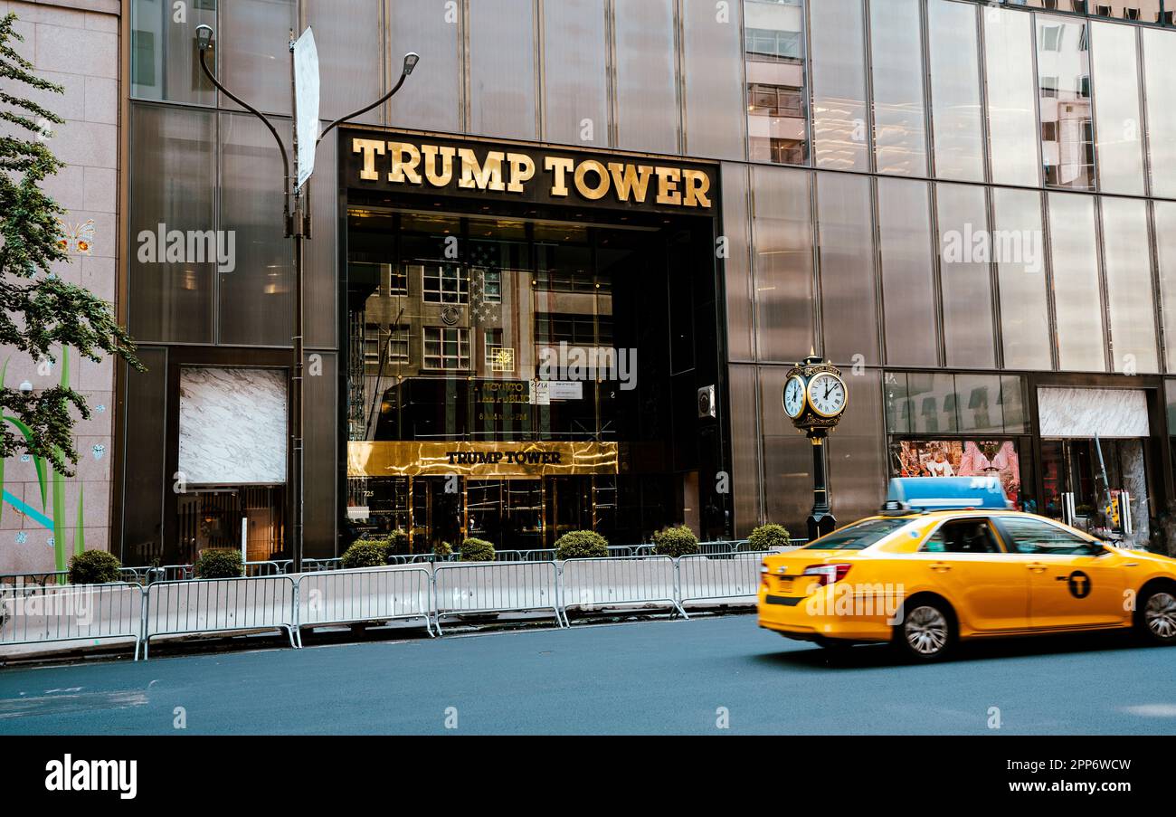 Trump Tower in New York City with Yellow Cab Stock Photo