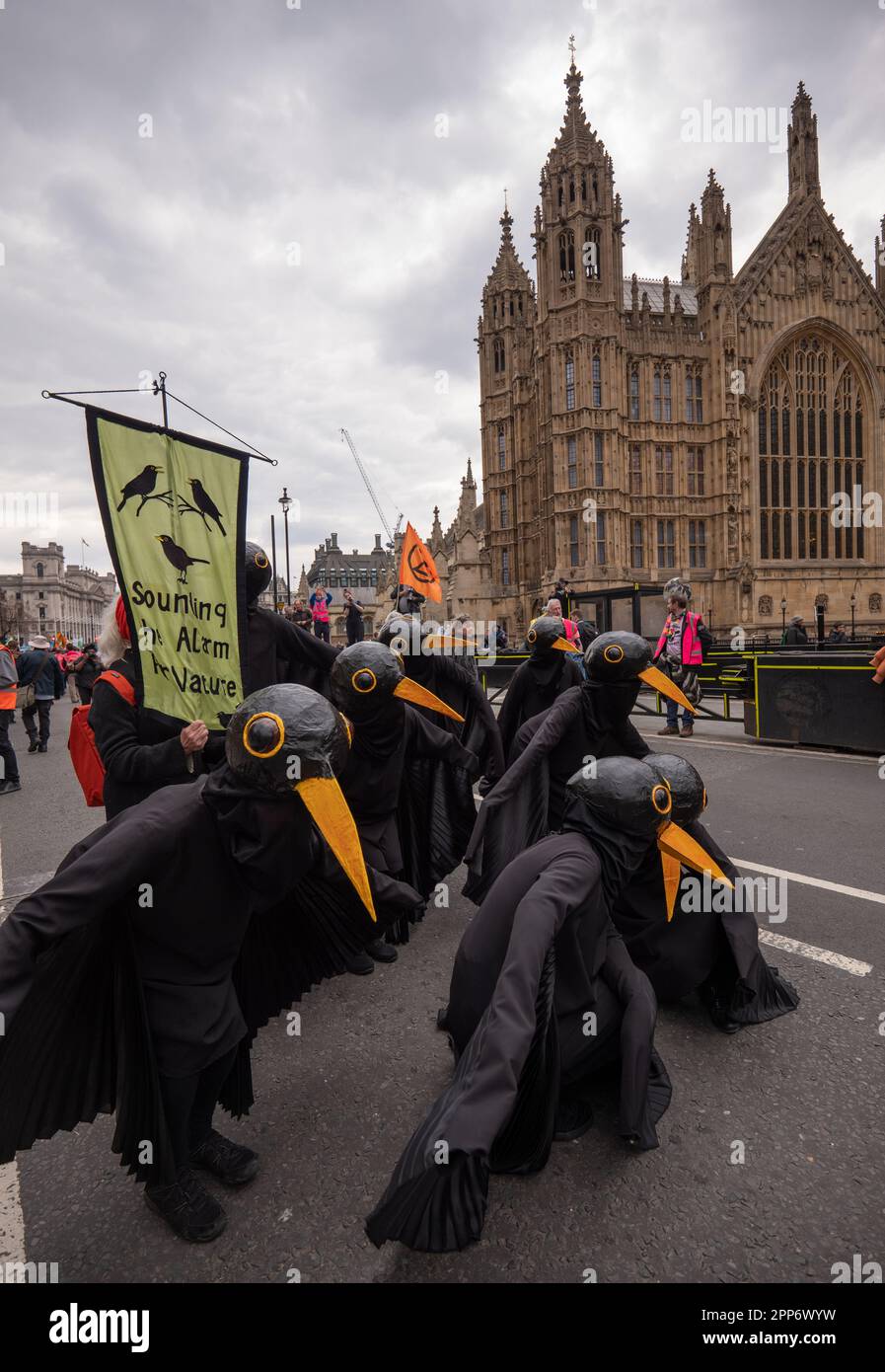 London, UK . 22nd Apr, 2023. Black Birds at Extinction Rebellion, The Big one, day 2 ,( saturday). Involved the 'Big One march for biodiversity'which ended with a 'die in'. Members of the 'Red Rebel Brigade 'and 'Green spirits' attended, 22 April 2023 London United KIngdom Picture garyroberts/worldwidefeatures.com Credit: GaryRobertsphotography/Alamy Live News Credit: GaryRobertsphotography/Alamy Live News Stock Photo