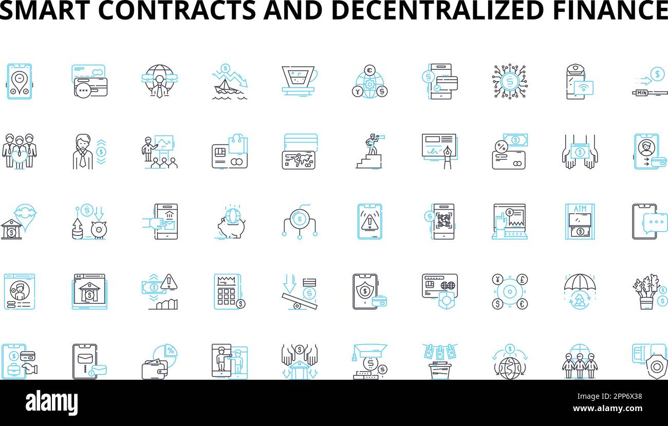 Smart contracts and decentralized finance linear icons set. Ethereum, Blockchain, Tokenization, Interoperability, Decentralization, Governance Stock Vector