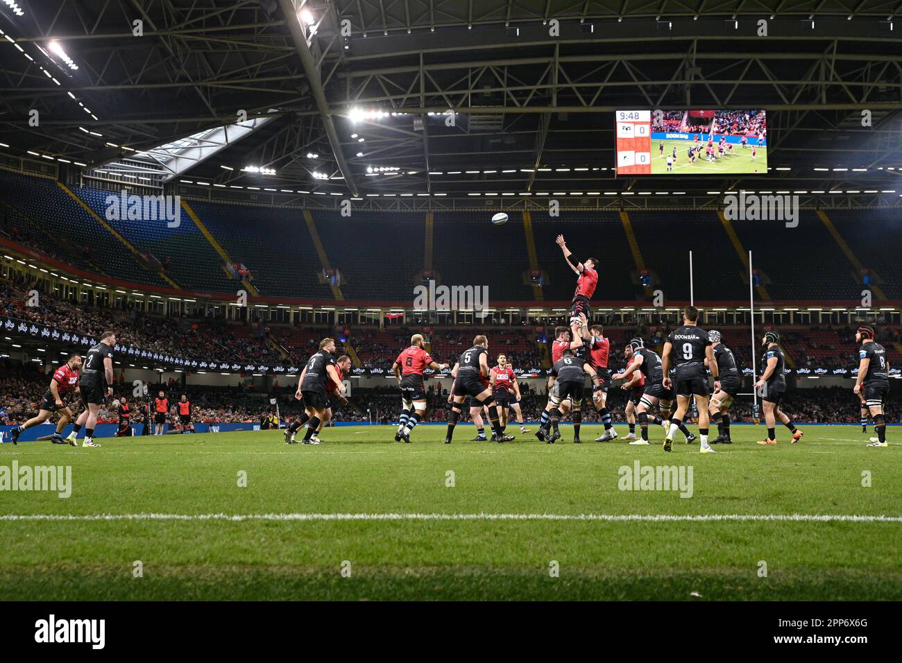 Cardiff, Wales. 22nd April 2023. Lineup during URC Welsh Shield Judgement Day rugby match, Ospreys v Cardiff Rugby at Principality Stadium in Cardiff, Wales. Credit: Sam Hardwick/Alamy Live News. Stock Photo