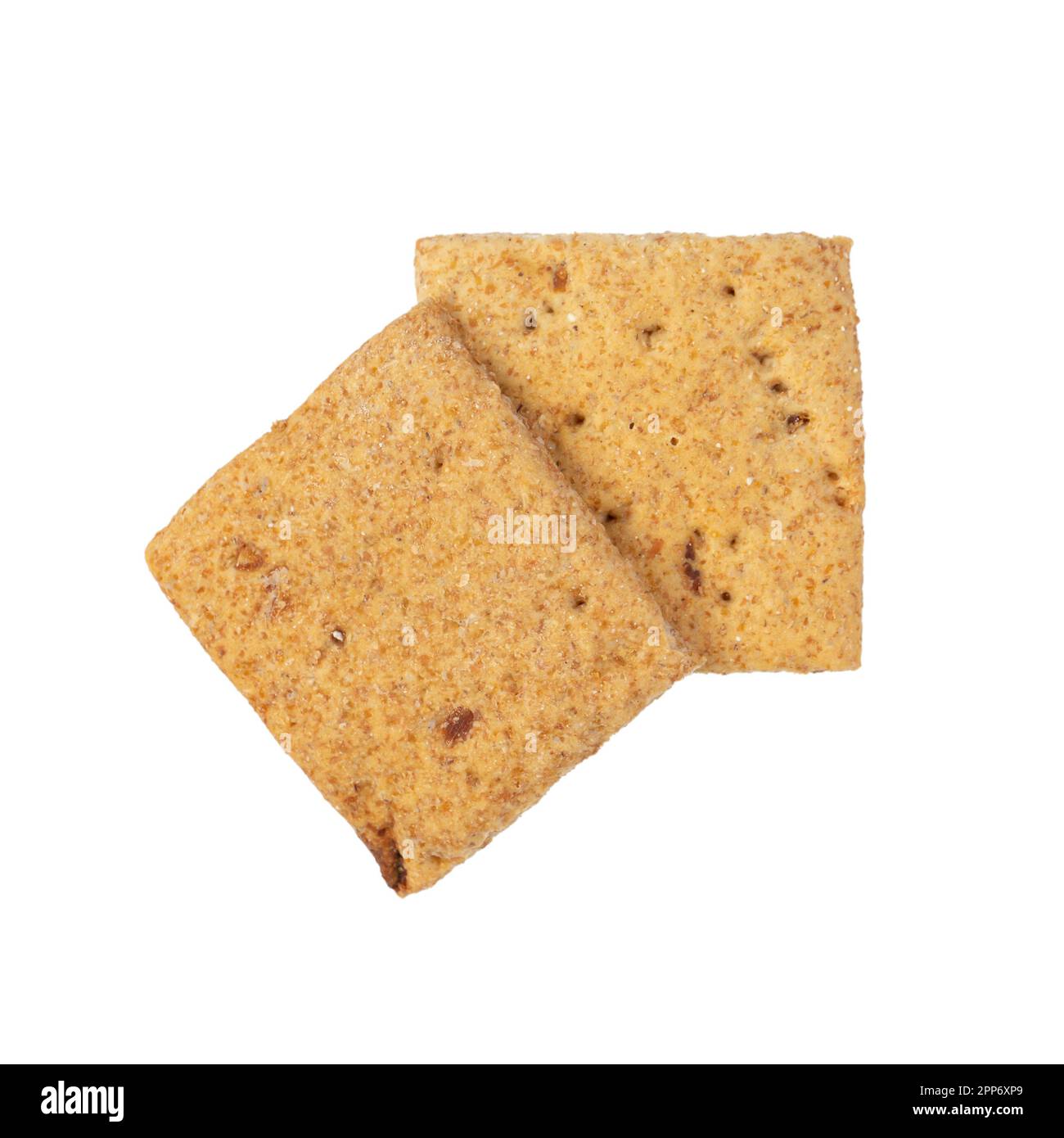 Two square crackers. Carbohydrate snack. Isolated on white background