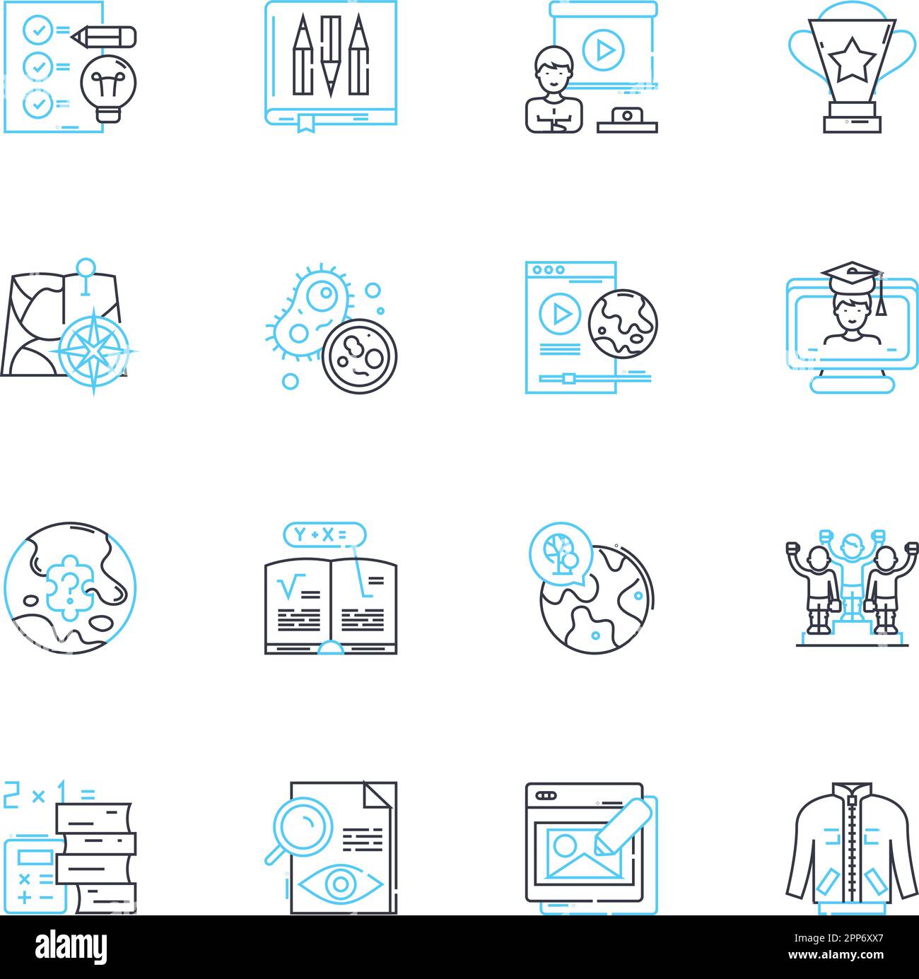 Secondary schooling linear icons set. Curriculum, Electives, Exams
