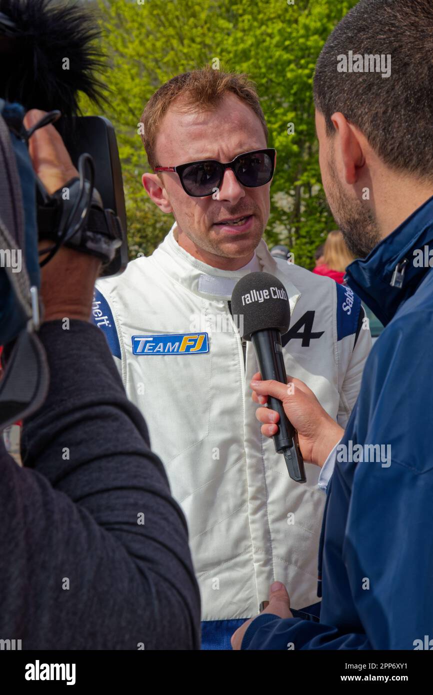 SAINT-ROMAIN, FRANCE, April 21, 2023 : Drivers at the mid-day stop during the Rhone-Charbonnieres rally. It is one of the oldest rally in France. Stock Photo