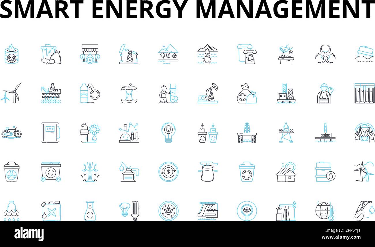 Smart energy management linear icons set. Efficient, Sustainability, Optimization, Automation, Conservation, Renewable, Monitoring vector symbols and Stock Vector