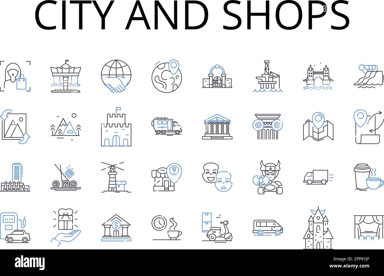 City and shops line icons collection. Urban area, Downtown, Metropolis
