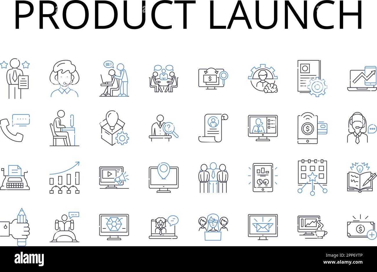 Product launch line icons collection. Campaign kickoff, Event launch, Book release, Movie premiere, Fashion debut, Album drop, Exhibit unveiling Stock Vector