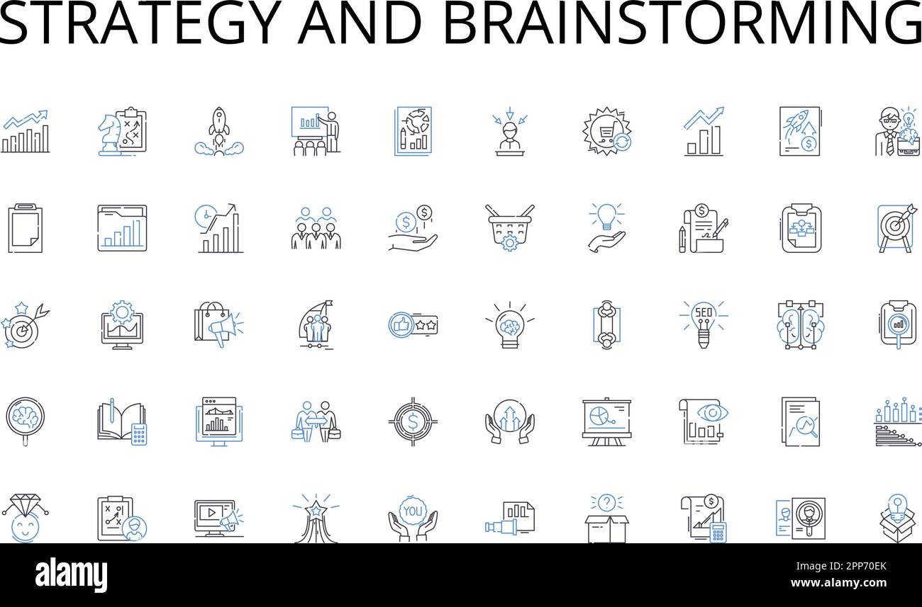 Strategy and brainstorming line icons collection. Innovation, Creativity, Novelty, Piering, Revolutioanry, Unconventional, Unique vector and linear Stock Vector