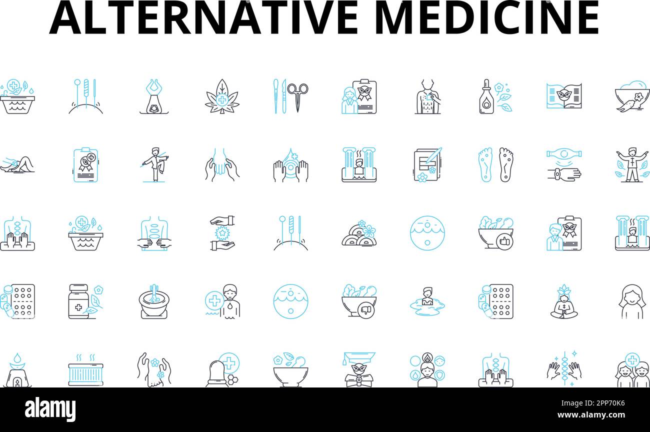 Alternative medicine linear icons set. Acupuncture, Aromatherapy, Ayurveda, Biofeedback, Chakra, Chiropractic, Detoxification vector symbols and line Stock Vector