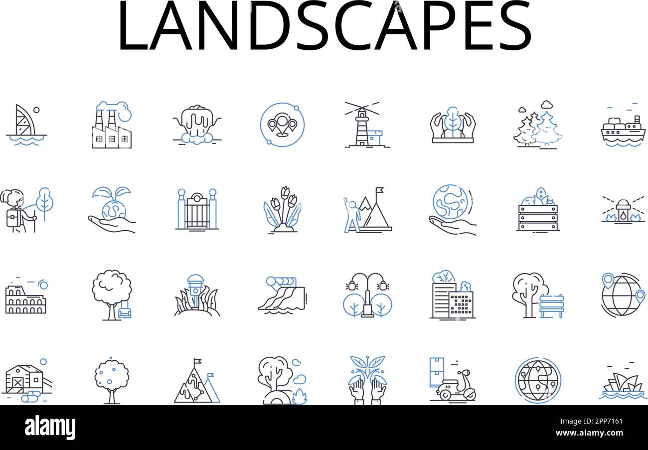 Landscapes line icons collection. Mountainscapes, Waterscapes, Skyscapes, Cityscapes, Seascapes, Forestscapes, Countryscapes vector and linear Stock Vector