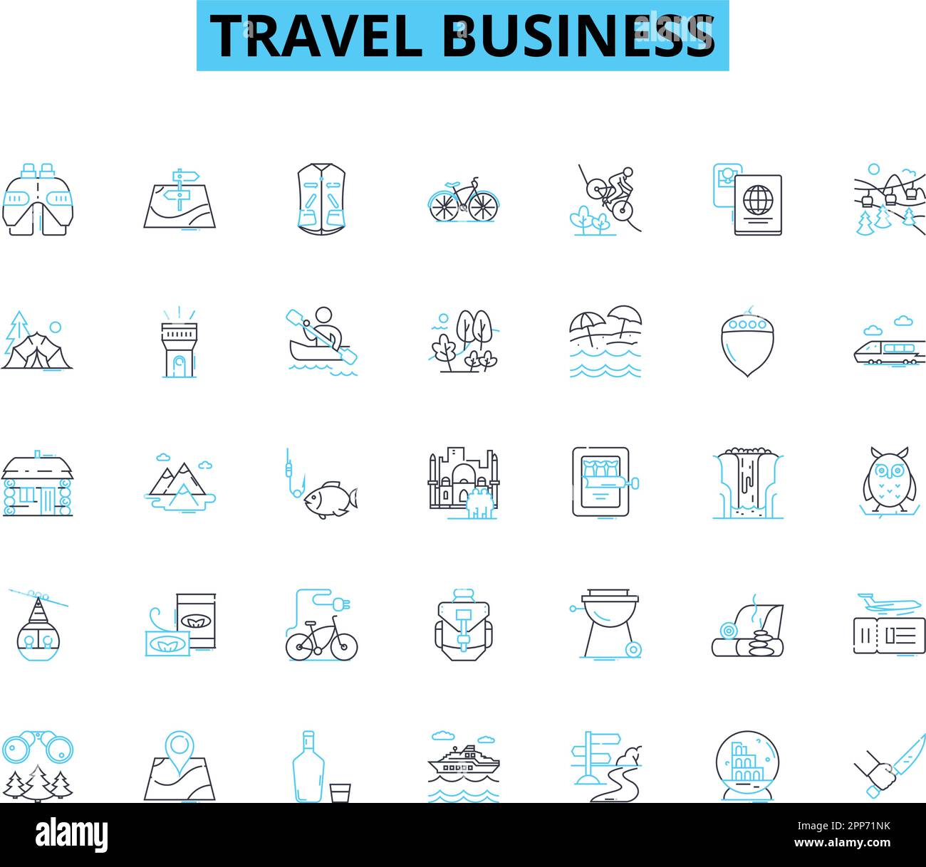 Travel business linear icons set. Adventure, Exotic, Leisure, Culture, Destination, Escape, Expedition line vector and concept signs. Relaxation Stock Vector