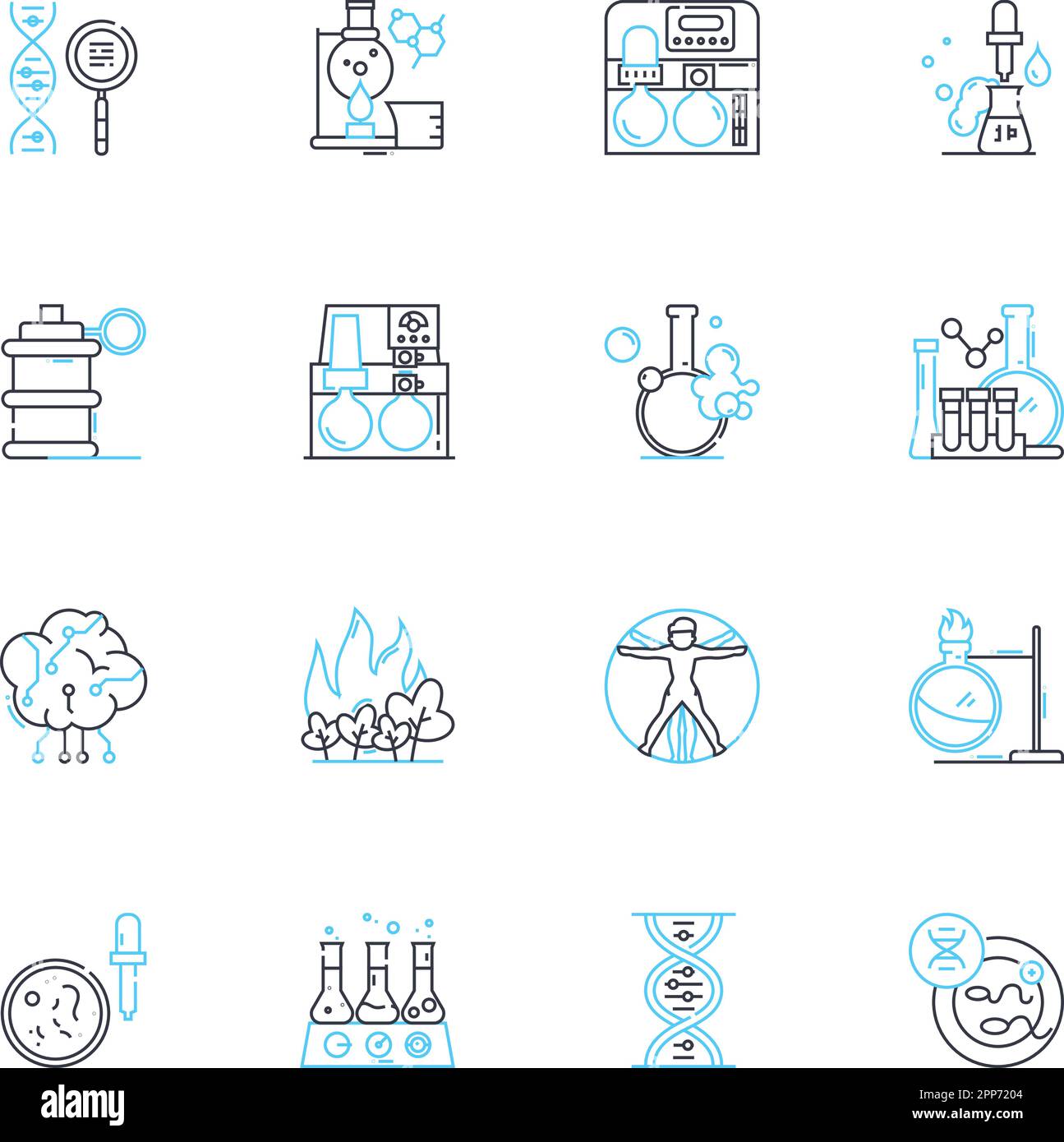 Biomedical Science linear icons set. Microbiology, Immunology, Genetics, Pharmacology, Pathology, Physiology, Biochemistry line vector and concept Stock Vector