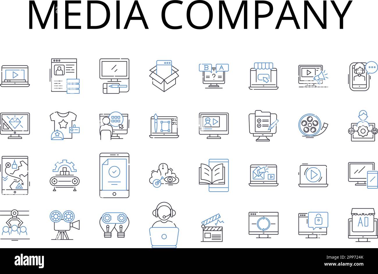 Media company line icons collection. Advertising firm, News outlet, Television nerk, Publishing house, Press agency, Film studio, Broadcasting company Stock Vector
