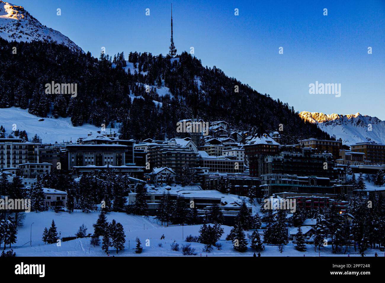 A beautiful evening in the Swiss Alps with a view of Lake and town  St. Moritz, Switzerland Stock Photo
