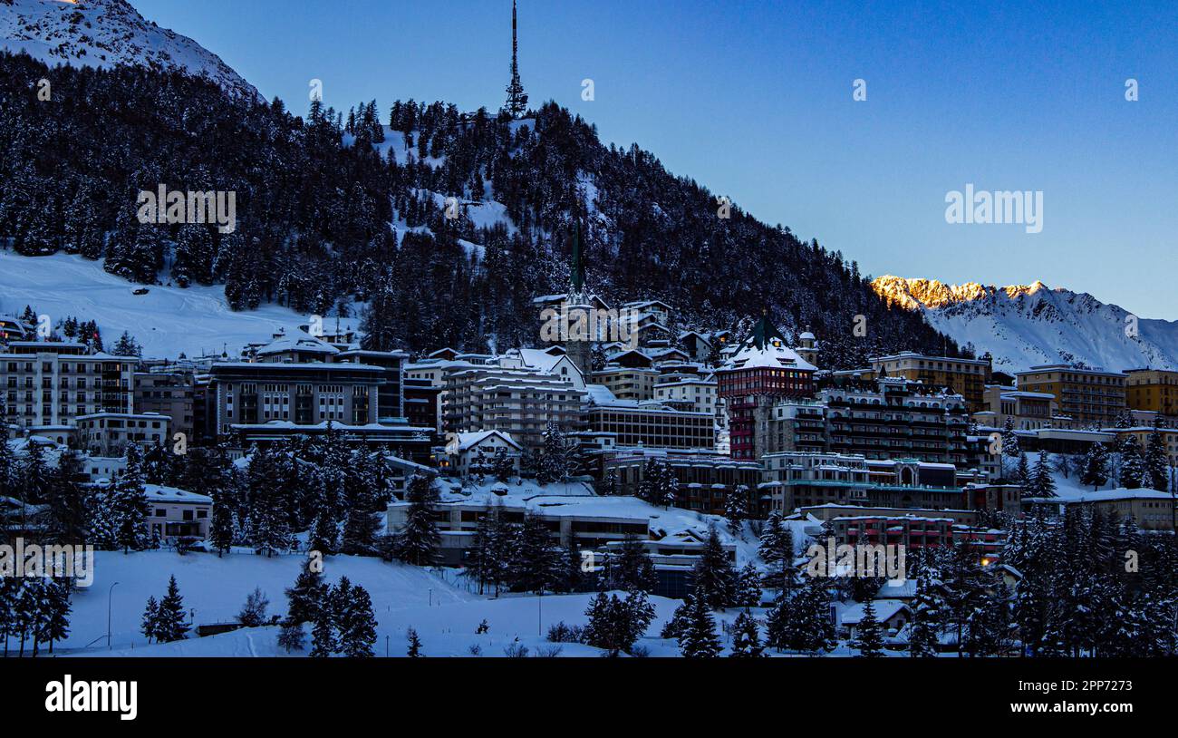 A beautiful evening in the Swiss Alps with a view of Lake and town  St. Moritz, Switzerland Stock Photo