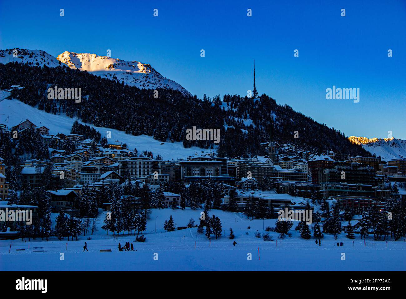 A beautiful evening in the Swiss Alps with a view of Lake and town  St. Moritz, Switzerland Stock Photo