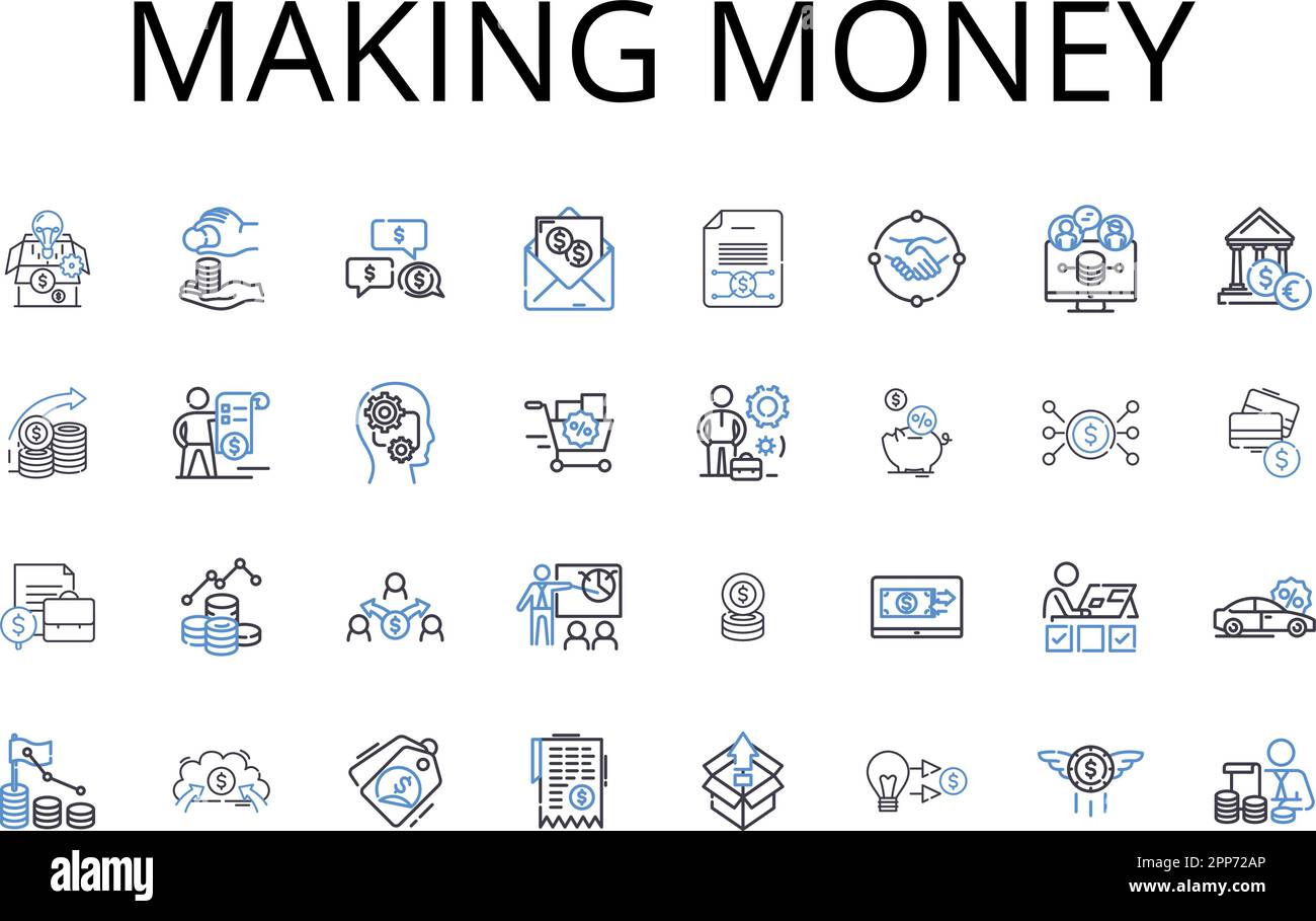 Making money line icons collection. Earning wages, Gaining profits, Accumulating wealth, Securing income, Receiving compensation, Harvesting revenue Stock Vector