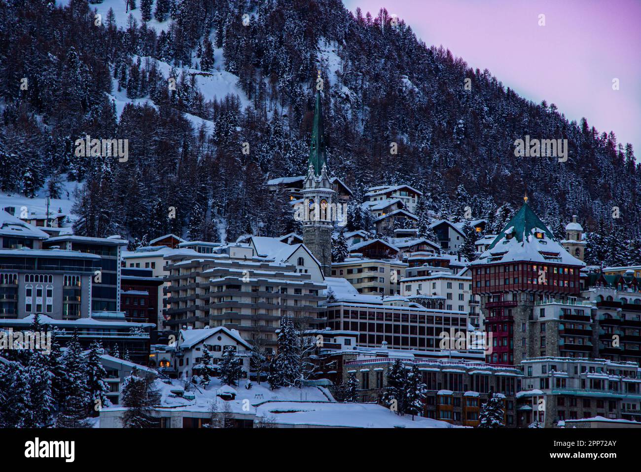 A beautiful evening in the Swiss Alps with a view of Lake and town  St. Moritz, Switzerland Stock Photo