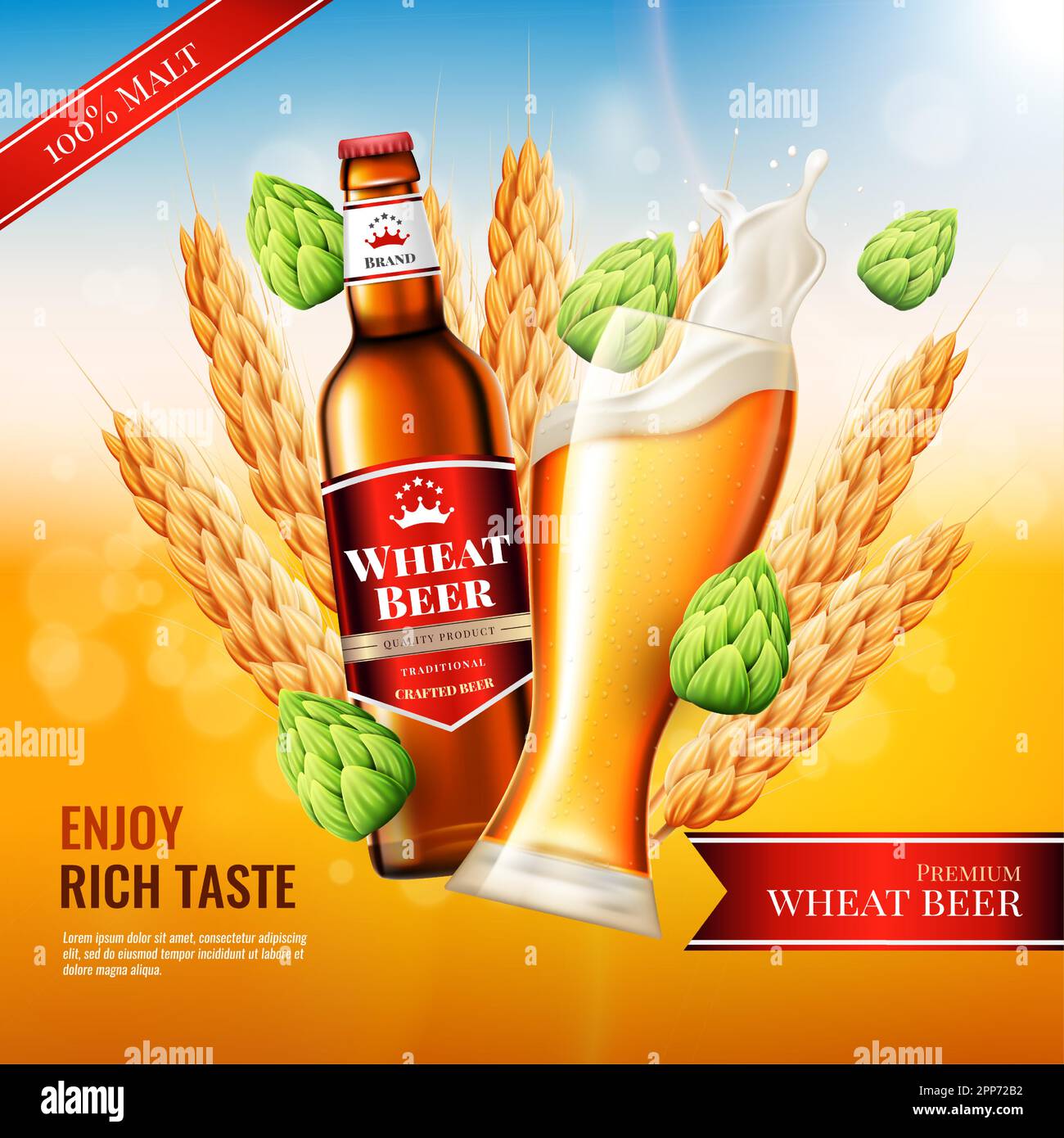 Realistic malt beer, ad promotion banner, bottle with label and glass with foam drink. Yeast premium beverage products, liquid alcohol, brewery bubbles. Vector realistic advertising square template Stock Vector