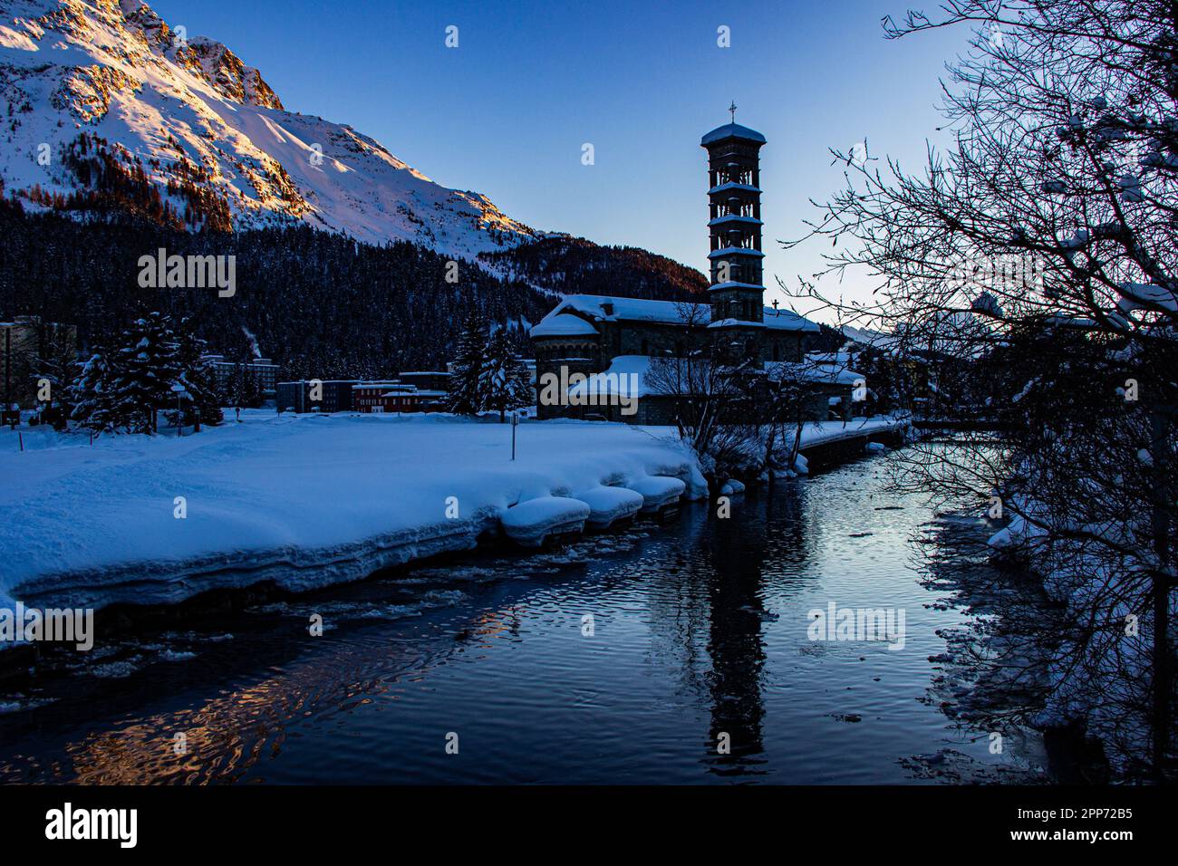 A beautiful evening in the Swiss Alps with a view of Lake and town  St. Moritz, Switzerland Stock Photo