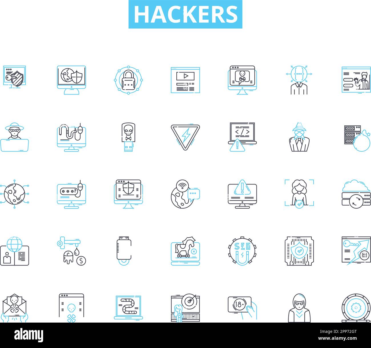 Hackers linear icons set. Cybercriminals, Intruders, Crackers, Hacktivists, Black hats, White hats, Rogue line vector and concept signs. Spies Stock Vector