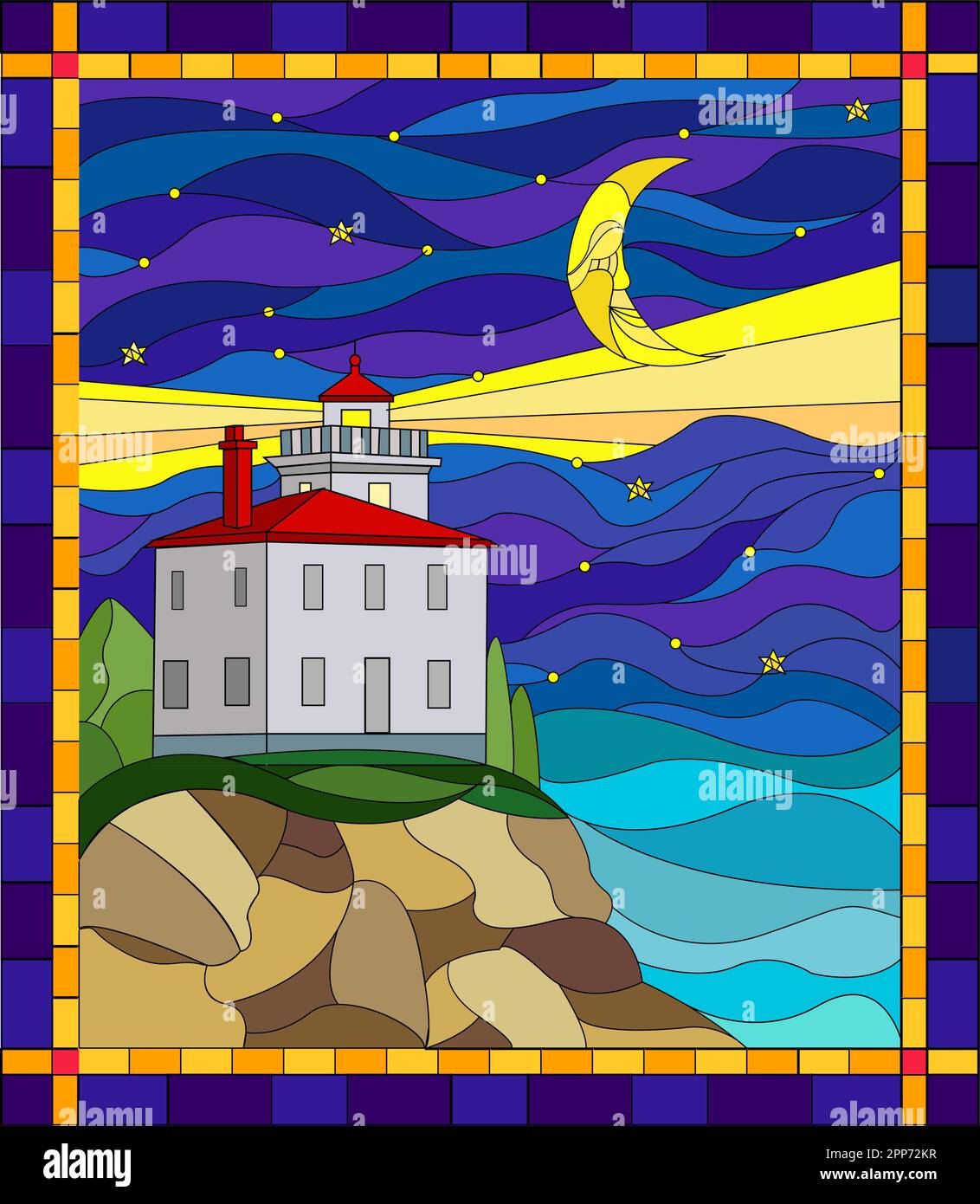 Red lighthouse stained glass window.Illustration in stained glass style