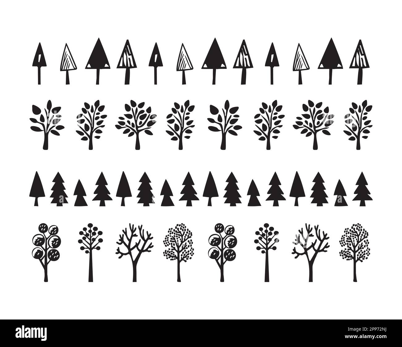 Collection of woodland tree scandi linocut vector border. Washi tape