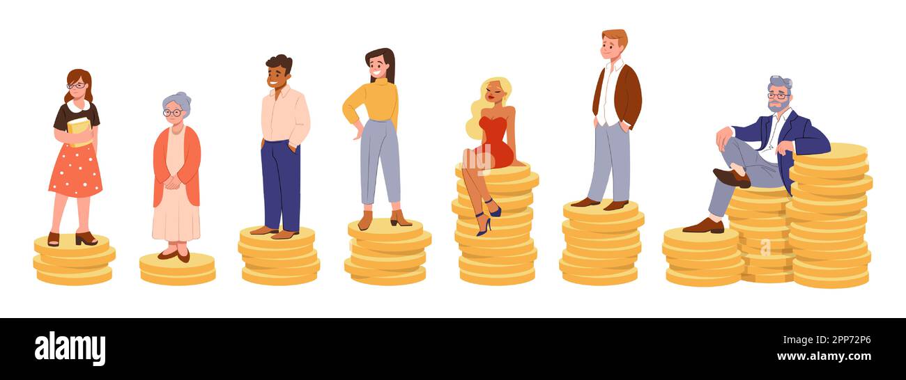 Wage, finance equality, people salary. Rich and poor, employee growth, workers equality, profit and opportunities. Man and woman on golden coins. Cartoon flat isolated illustration. Vector gender set Stock Vector