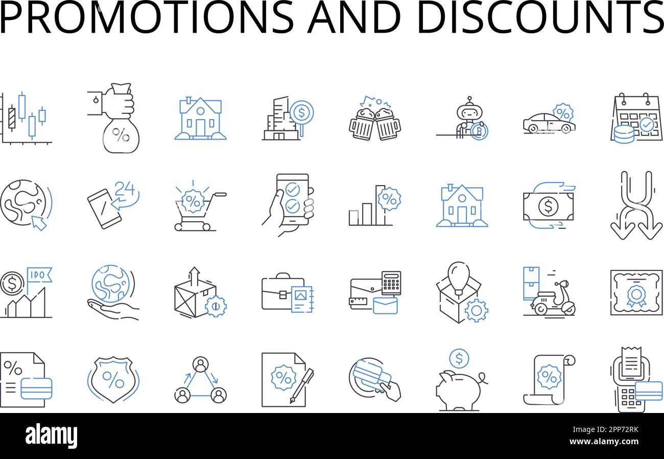 Promotions and discounts line icons collection. Sales offers, Special deals, Discount coupons, Bargain prices, Rebate programs, Coupon codes, Loyalty Stock Vector