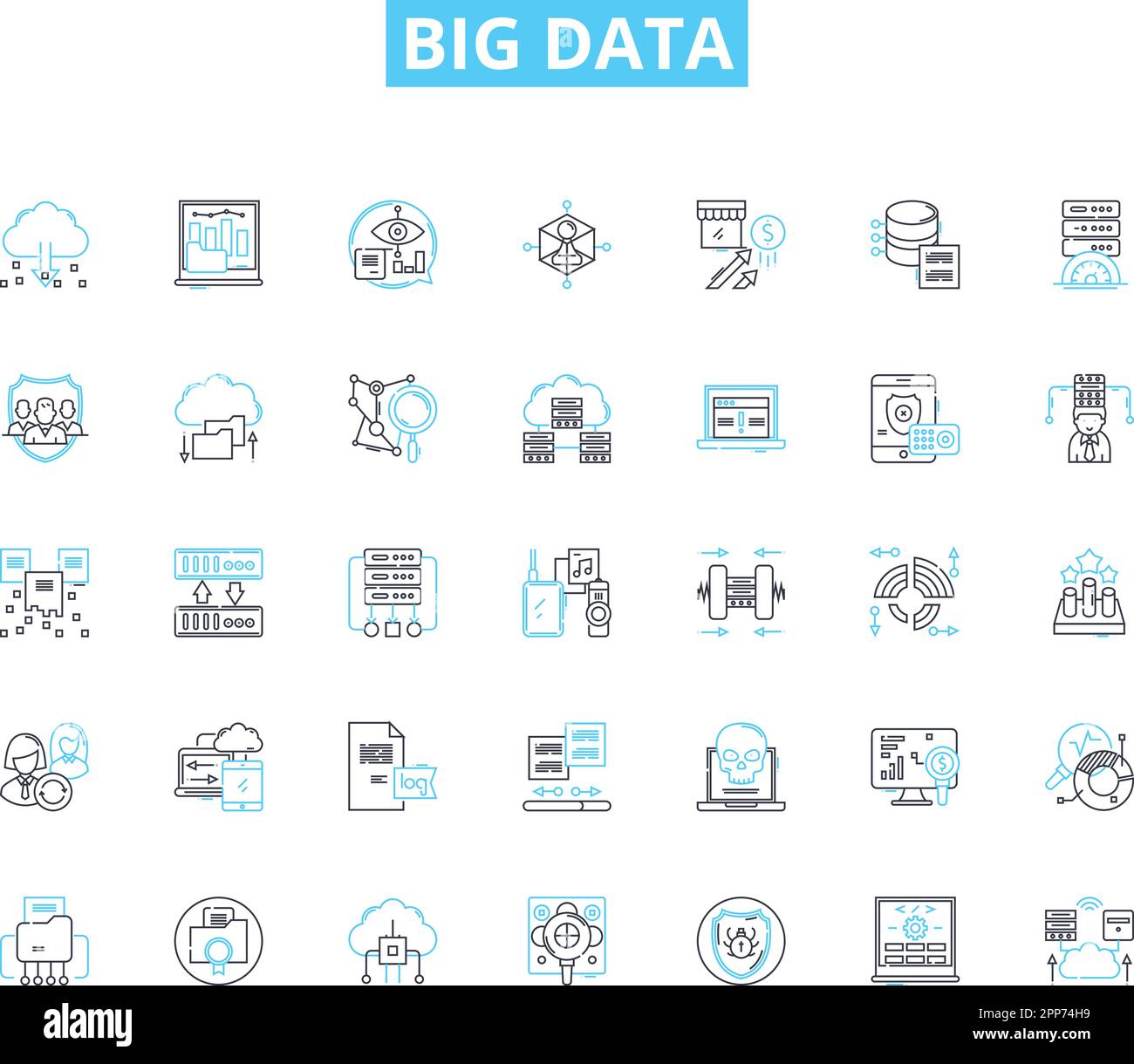Big data linear icons set. Analytics, Insights, Volume, Velocity, Variety, Cloud, Machine line vector and concept signs. Learning,Predictive,Analysis Stock Vector
